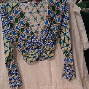 Zara Blue, Green & Cream Twist-Front Printed Crop Top